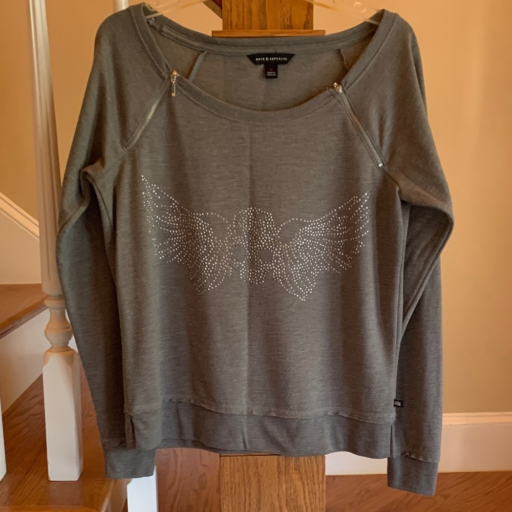 Rock and Republic Sweatshirt with Rhinestone Wing Design